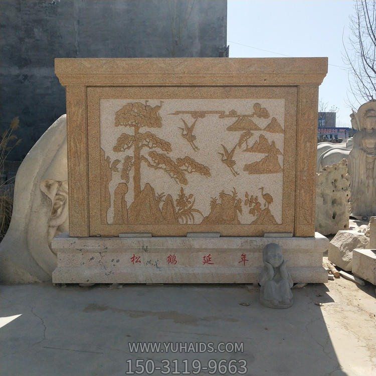 花崗巖天然石材雕刻中式松鶴延年壁畫(huà)庭院裝飾影壁墻雕塑