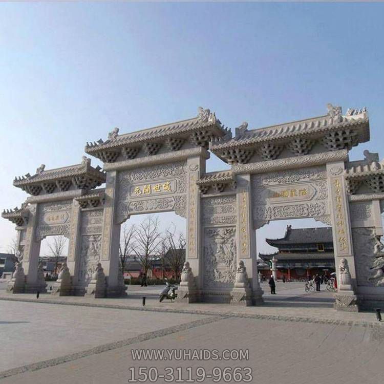景區寺院入口裝飾漢白玉浮雕新中式三門(mén)樓石牌坊雕塑