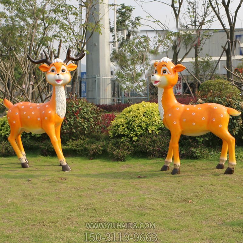 戶(hù)外園林景區玻璃鋼彩繪兩只梅花鹿雕塑