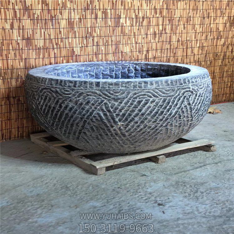 天然青石雕刻花紋圓缽  庭院養魚(yú)水缸花盆擺件·雕塑