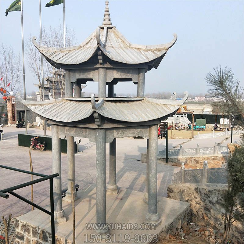 景區廣場(chǎng)擺放雙層頂青石涼亭雕塑