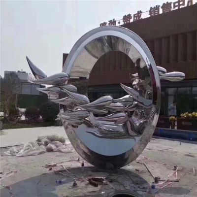 廣場(chǎng)裝飾擺放不銹鋼鏡面抽象圓環(huán)魚(yú)群景觀(guān)雕塑