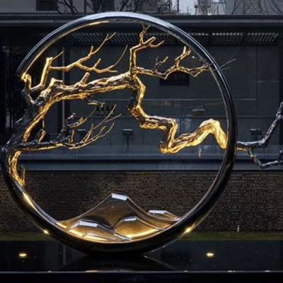 酒店會(huì )所不銹鋼創(chuàng  )意園林樹(shù)枝圓環(huán)擺件