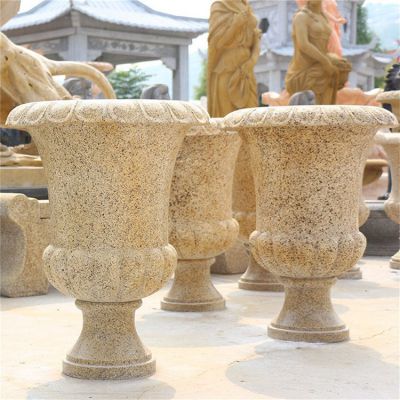 黃銹石花缽 石雕花盆擺件 別墅園林景觀(guān)雕塑花缽雕塑