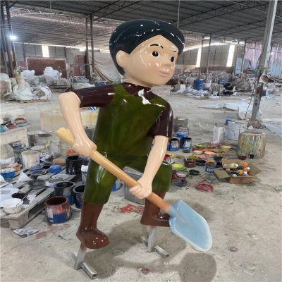 玻璃鋼卡通干活人物雕塑，手持鐵鍬干活的工人