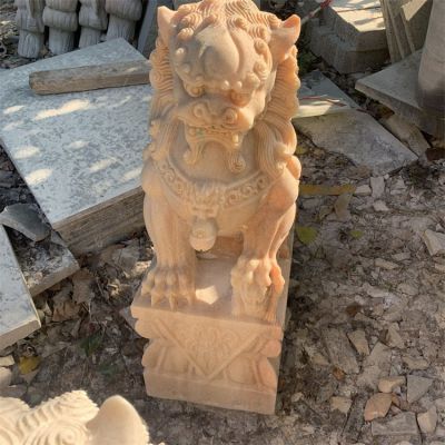 石雕晚霞紅獅子門(mén)口擺件 鎮宅招財雕塑