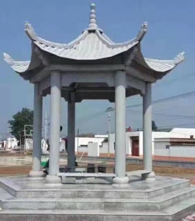 農村文化廣場(chǎng)擺放青石仿古六角涼亭雕塑
