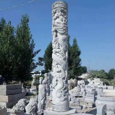 景區廣場(chǎng)青石浮雕龍盤(pán)柱石柱雕塑