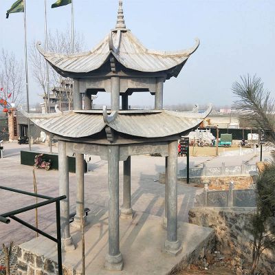 景區廣場(chǎng)擺放雙層頂青石涼亭雕塑
