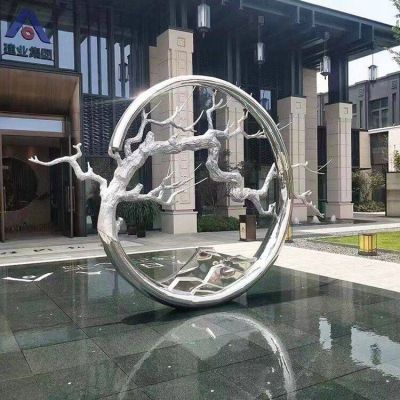 酒店會(huì )所不銹鋼鏡面樹(shù)枝圓環(huán)雕塑